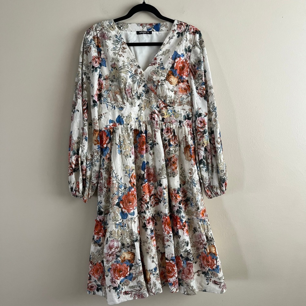 Ungaro Floral V-Neck Mini Dress Long Sleeve Embroidered Tiered Multi Color White